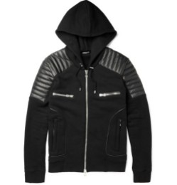 BALMAIN LEATHER-PANELLED COTTON-JERSEY HOODIE . NEW